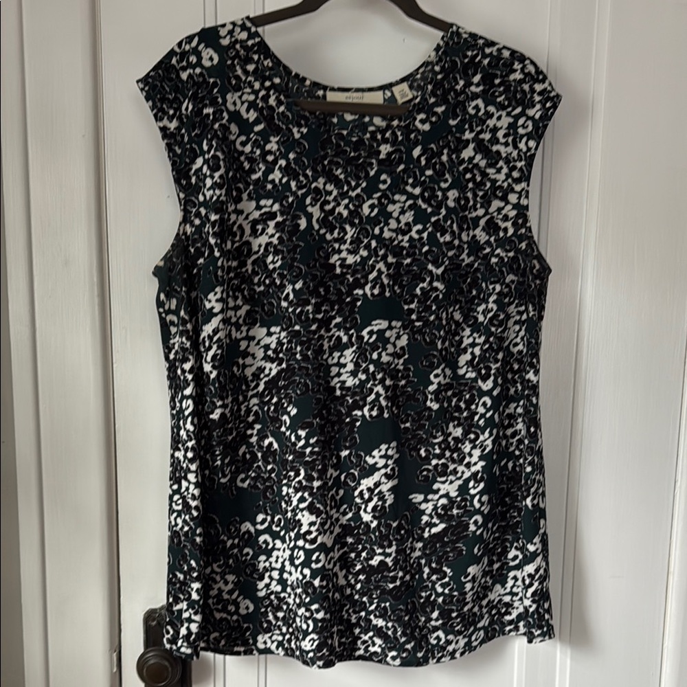 Sejour  Green, Black, and White Cap Sleeve Blouse with Pleated Back
